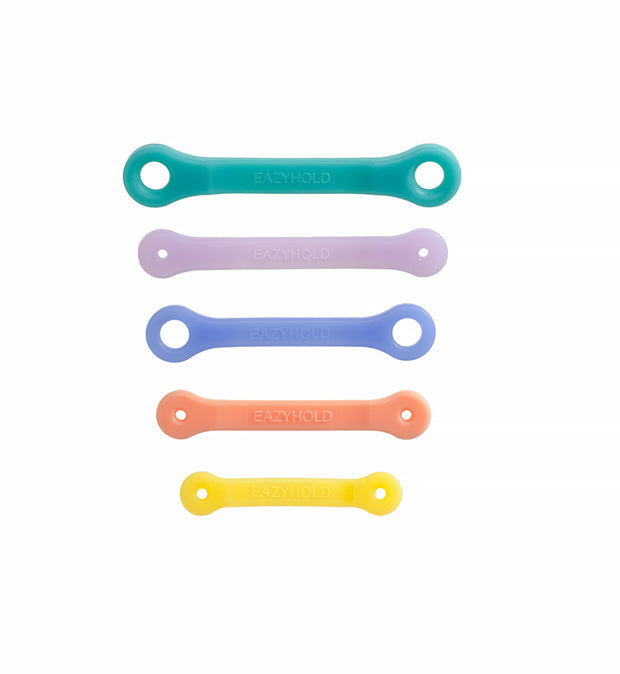 Asortment of 5 silicone eazyhold's Aqua, lavender, blue, orange, and yellow for adapting every day objects of daily life.
