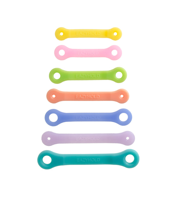Eazyhold 7 pack of various sized silicone universal cuffs for holding and adapting objects of daily living.