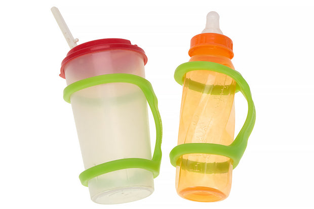 A sippy cup and a baby bottle each with a large green eazyhold on them for better grip.