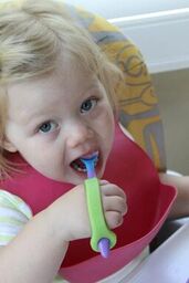 Child that has dificulty holding utensils uses a green eazyhold to help her eat.