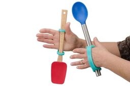 Easyhold universal cuffs holding cooking utensils, adapting a spoon and spatula
