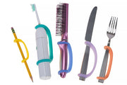 5 universal cuffs in yellow, aqua, blue, lavender, and orange hold a pencil, toothbrush, hairbrush, knife and fork for an effortless grip.
